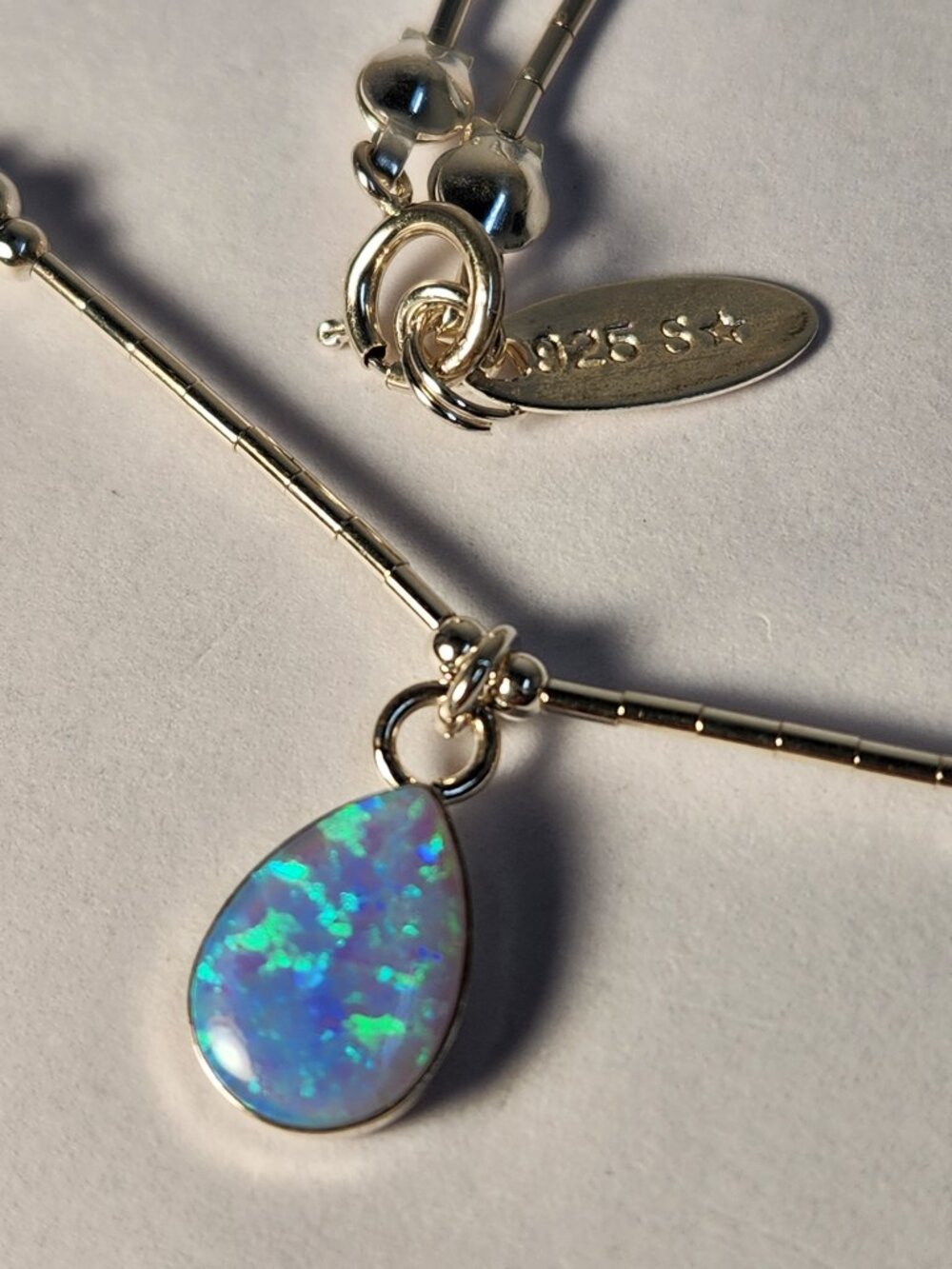 VTG Signed S★ Natural Opal Doublet 925 Liquid Silver Lux Necklace 18”